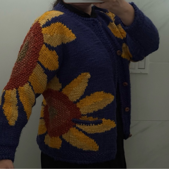 VINTAGE Express Tricot Sunflower Sweater granny bohemian eclectic grandpa boho - Picture 15 of 16